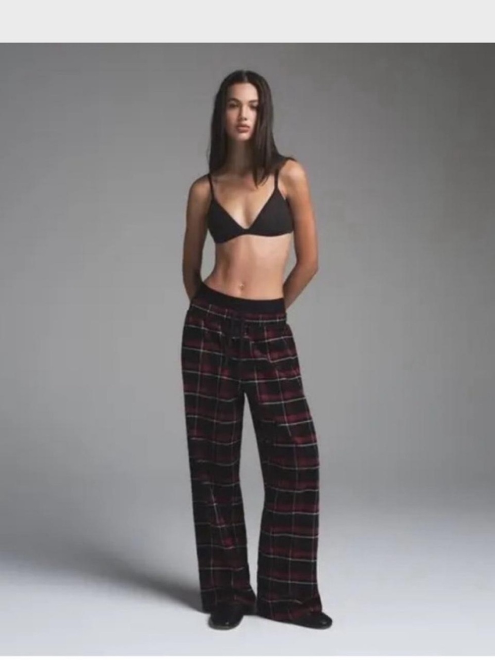 SKIMS Black Bralette with Black and Red Plaid Lounge Pants